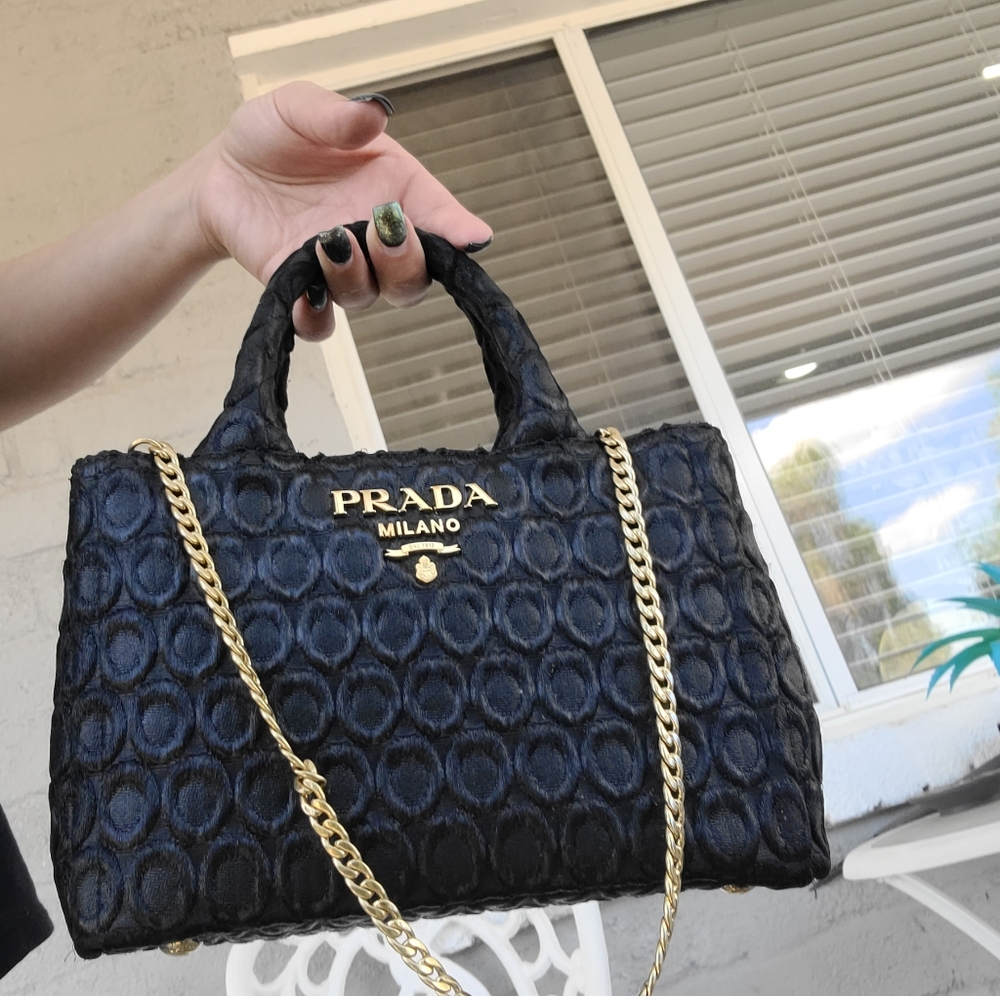 Prada Black Textured Handbag with Gold Chain